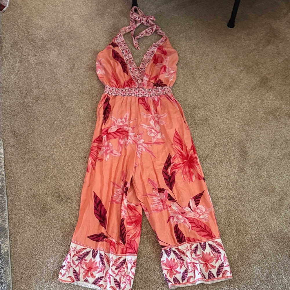 VENUS Floral Halter romper - Coral and Magenta